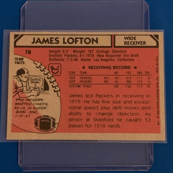 James Lofton #78 1980 Topps Football Trading Card - Picture 2 of 2